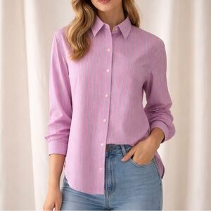 Lauren Ralph Lauren Pink, Blue & White Striped Cotton Button-Up Shirt Size M